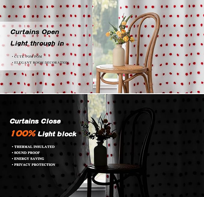 MYSKY HOME Blackout Curtains for Living Room 95 Inch Long Total Light Blocking Curtains for Sliding Door 2 Panels Grommet 100% Room Darkening Girls Bedroom Drapes with Red Pom Pom Sheer 52 x 95 in
