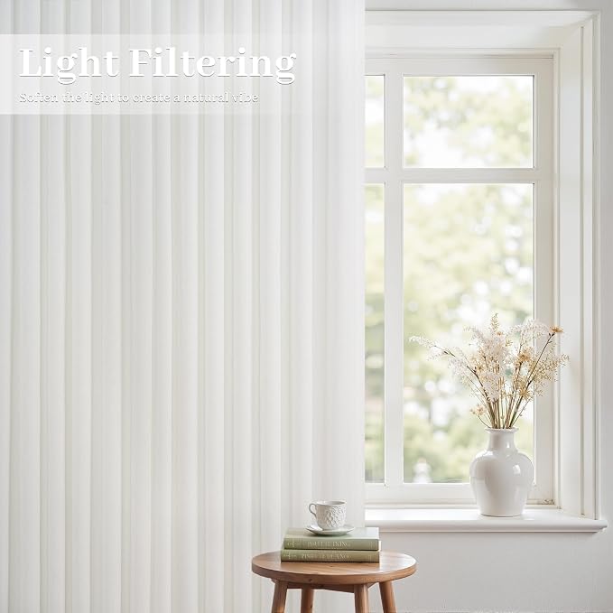 Beige White Pinch Pleated Linen Curtains 96 Inch Length 2 Panels for Bedroom Living Room Textured Semi Sheer Window Curtain Boho Neutral Back Tab Pinch Pleat Drape with Hooks 96 Inches Long