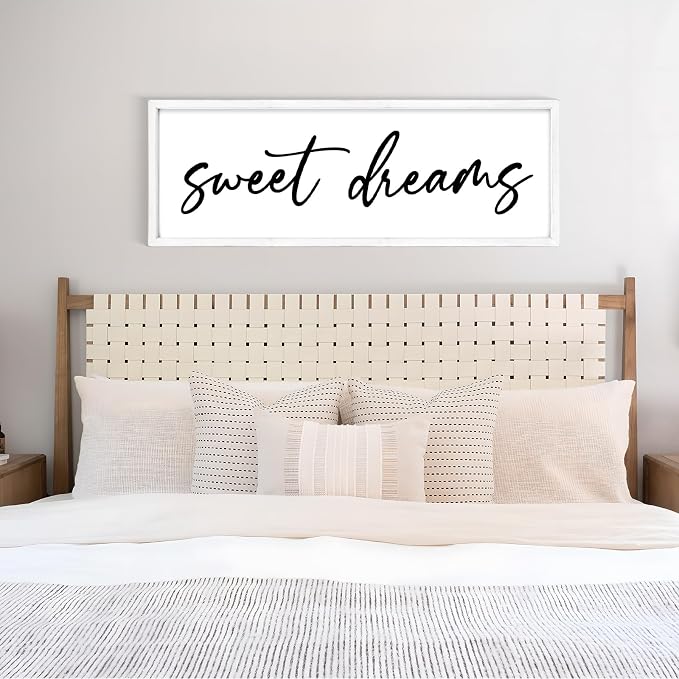 Sweet Dreams Wall Decor Above Bed 42''×15'' Large Bedroom Sign Farmhouse Wood Framed Master Bedroom Guest Room Decoration (White)
