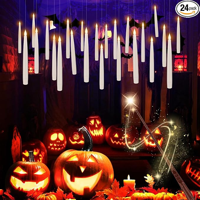 24pack Magic led Taper Candle with Wand Remote,Floating Hanging Candles Flickering Warm Light 6.5" Flameless LED,for Home Decor,Party and Halloween