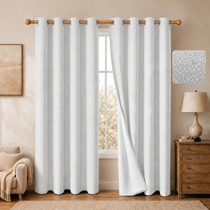 2 Panels 100% Blackout Linen-Textured Curtains, Thick Thermal Insulated Grommet Drapes with Subtle Herringbone Weave, Luxury Decor for Bedroom/Living Room, 54 x 84 Inches, Off-White