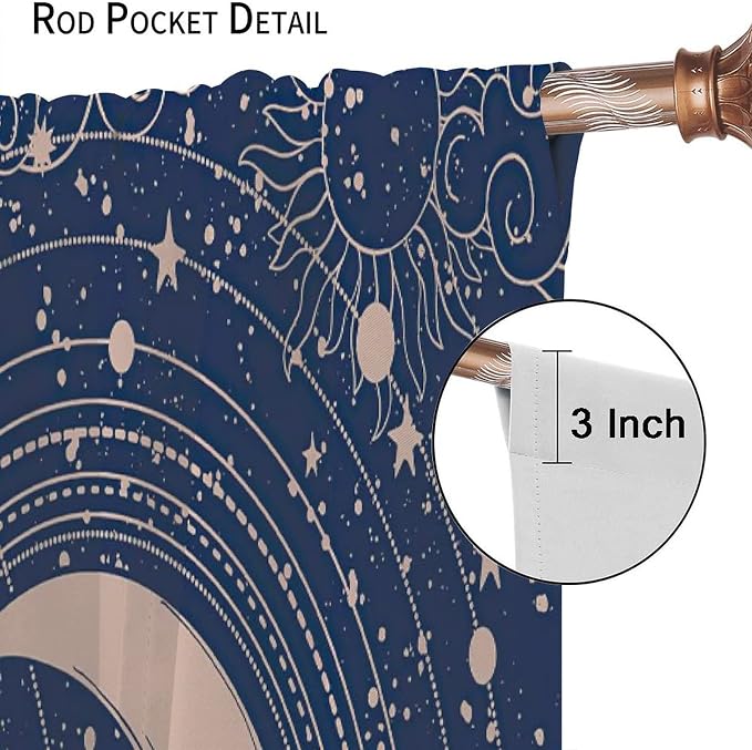 Sun Moon Blackout Windows Curtains, Boho Celestial Bodies Gold Sun Moon and Stars Pattern Window Drapes, for Living Room Bedroom 42x63in 2 Panels
