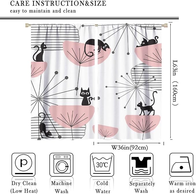 JESTRONRY Mid Century Cat Curtains, Pink Atomic Abstract Geometric 1950s 1960s Retro Style Rod Sleeves Window Drapes for Bedroom Living Room Home Decor 72x63in