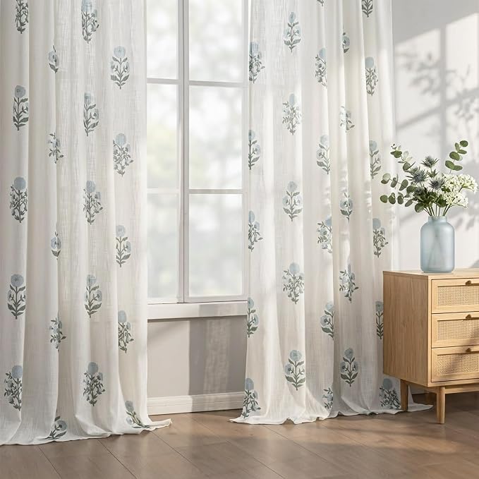Floral Curtains 63 Inch Length for Living Room Bedroom, Blue Green White Pattern Linen Semi Sheer Light Filtering Pinch Pleated Drapes 63 Inches Long 2 Panels Set