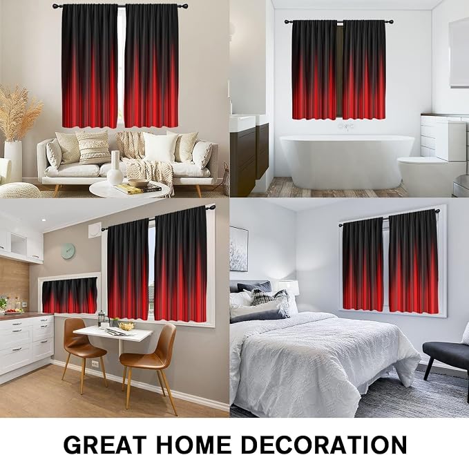 Coxila Red Black Window Curtains for Bedroom 42 x 84 Inch Rod Pocket Long Ombre Burgundy Stripe Boho Pattern Simple Gradient Design Living Room Treatment Set of 2 Curtain Panels Drapes Drapes