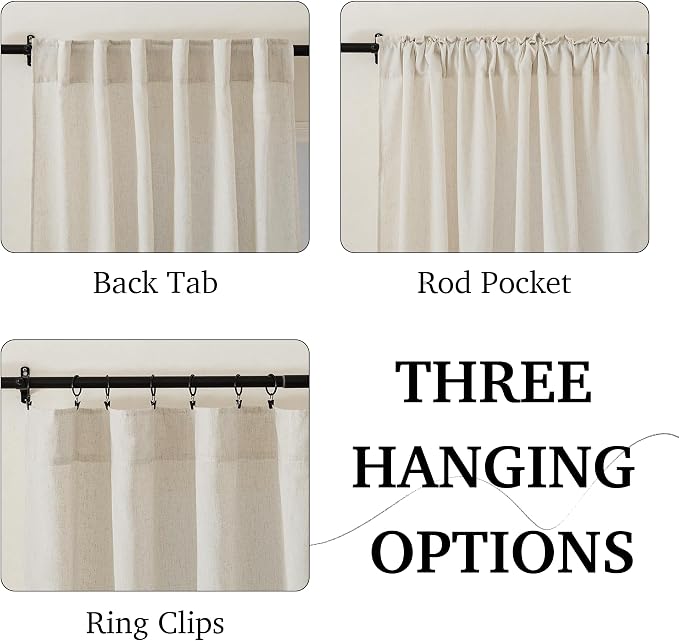 RYB HOME Linen Curtains 84 inches for Living Room, Semi Sheer Farmhouse Light Filtering Half Privacy Window Drapes for Bedroom Dining Room Nursery, Natural Beige, W 52 x L84 inches, 2 Panels