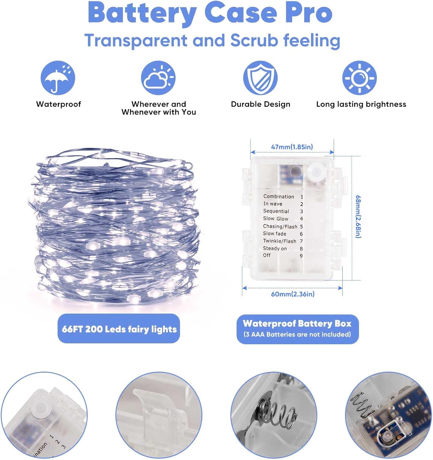 4 Pack 65.6 Ft. Battery Operated Outdoor String Lights with Remote & Timer, LED Cool Whit Fairy Lights, Waterproof Twinkle Lights for Bedroom, Dorm, Mason Jar, Wedding, Party, Christmas