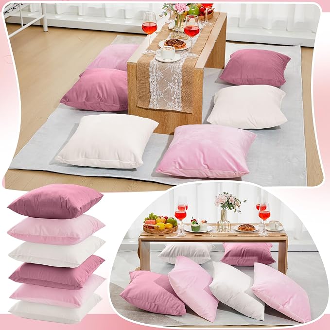 Berlune 6 Pcs Pink Picnic Velvet Throw Pillow Covers 18" x 18" White Coquette Cushion Cases Soft Pillowcase Coquette Party Accessories Couch Picnic Sofa Bed Chair Home Decor, No Inserts
