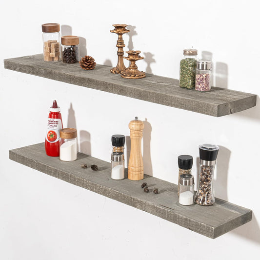 Fun Memories Floating Shelves for Wall Decor, 40"x8" Rustic Reclaimed Wood Shelves, Heavy-Duty Wall Mounted Shelves with Invisible Brackets, Set of 2for Living Room, Bedroom, Kitchen, Grey Finish