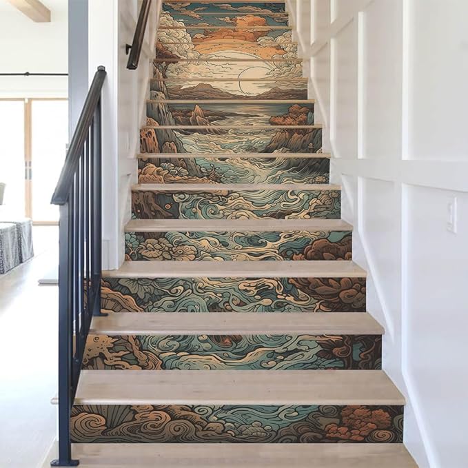 REDAMANCY Boho Orange Sunset Sea Wave Landscape Abstract Peel and Stick Vinyl Stair Riser Decals Staircase Tile Stickers Decor Modern Marble Decoration Self-Adhesive(14 Pcs)