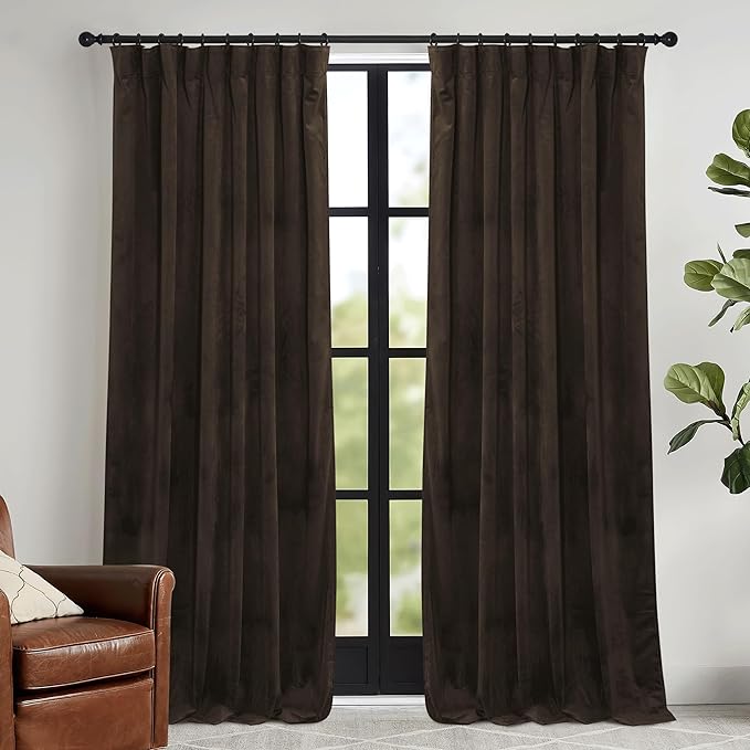 RYB HOME Brown Velvet Curtains for Bedroom Living Room, Thermal Insulated Privacy UV Heat Blocking Luxurious Drapes for Nursery Dining Room, 52" W x 80" L, 2 Panels, Rod Pocket/Back Tab/Hook Belt