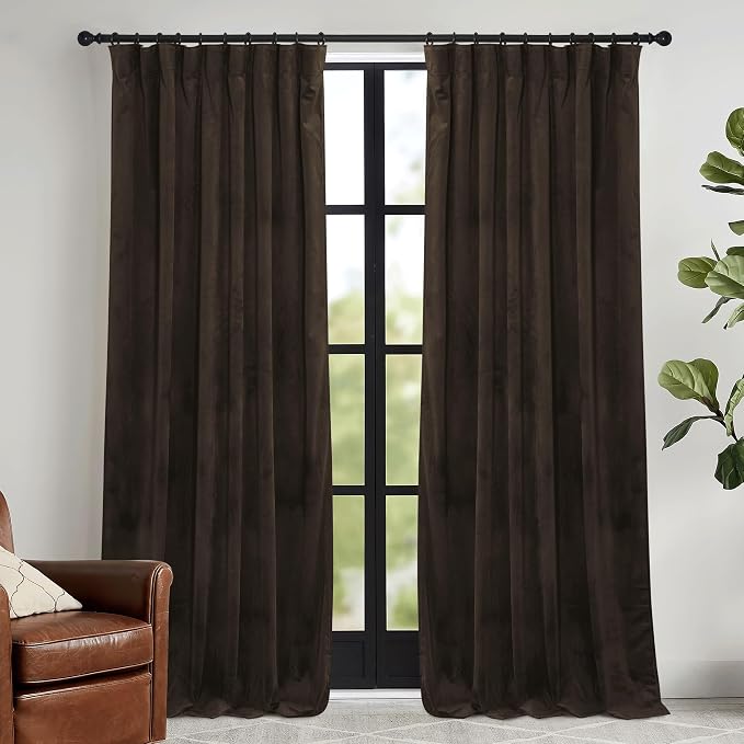 RYB HOME Brown Velvet Curtains for Bedroom Living Room, Thermal Insulated Privacy UV Heat Blocking Luxurious Drapes for Nursery Dining Room, 52" W x 100" L, 2 Panels, Rod Pocket/Back Tab/Hook Belt