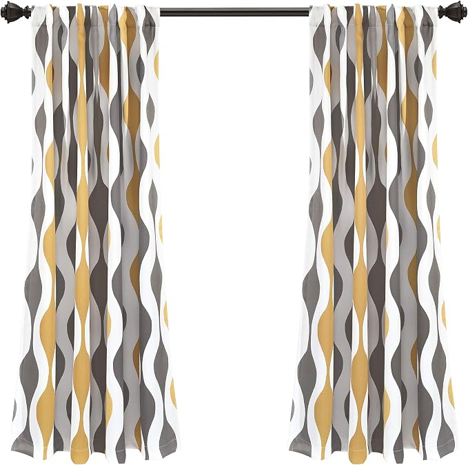 Lush Decor Mid Century Geo Light Filtering Window Curtain Panel Pair, 52" W x 63" L, Gold & Gray
