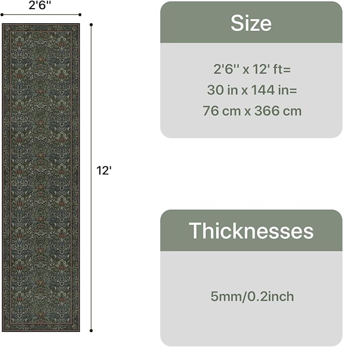 GENIMO 2.5x12 Washable Extra Long Runner Rug, Non Slip, Dark Green | Vintage Boho Floral Low Pile Thin Mat for Entryway, Kitchen, Bedroom, Indoor Decor