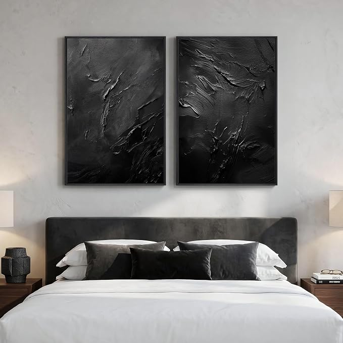 Large Framed Black Abstract Wall Art Set of 2 for Living Room, Modern Minimalist Painting Print Canvas Artwork for Walls, Contemporary Luxury Trendy Wall Decor for Bedroom Office Hallway, 24x36 Inch