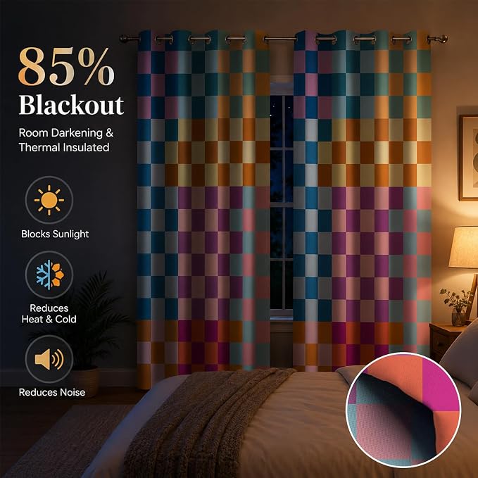 Multicolored Checkerboard Blackout Curtains, Mid Century Modern Colorful Vibrant Checkered Room Darkening Thermal Insulated Grommet Window Drapes for Living Room Bedroom Decor 2 Panels 52x84 Inches