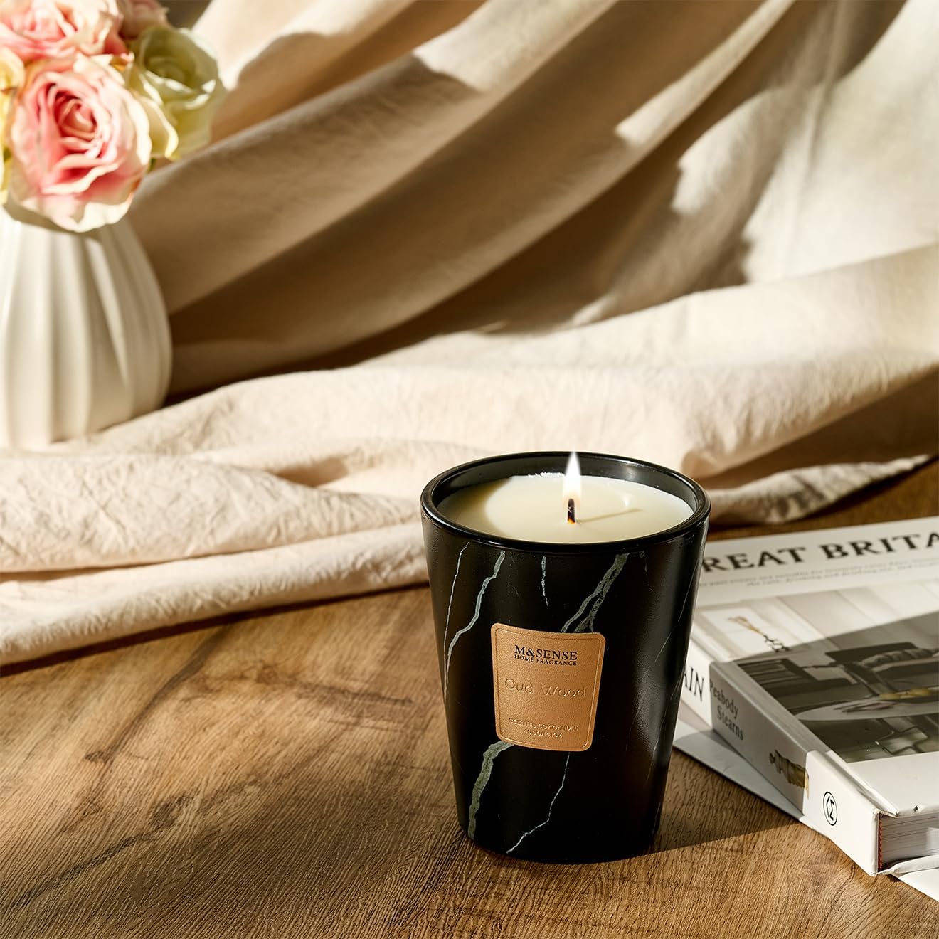 M&SENSE OudWood Scented Candles for Home, Lead-Free Wick Highly Scented Jar Candles, 14.1 Oz 80 Hours Lasting Burning Candles Gifts for Women, Relaxing Aromatherapy Candle for Stress Relief