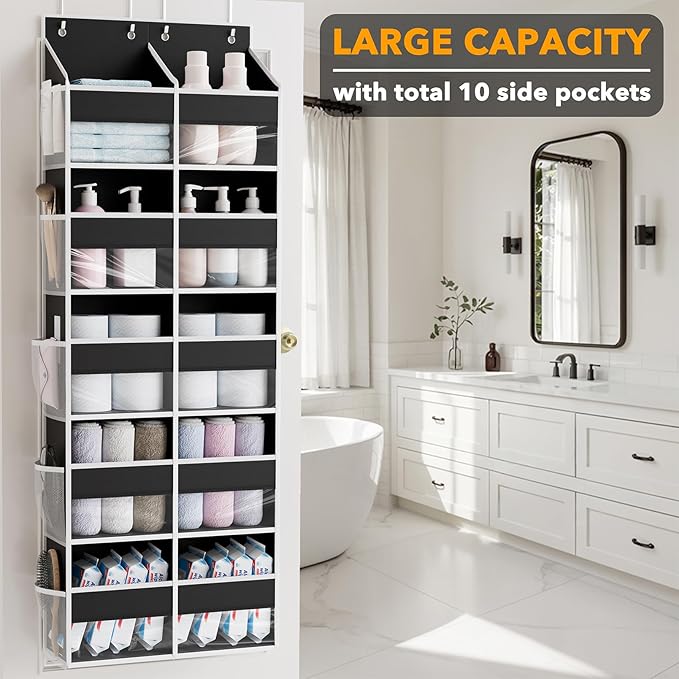 SpaceAid Extra Large Over The Door Organizer with 10 Large Pockets and 10 Mesh Side Pockets, 5 Layers Door Organizer Hanging with Clear Window for Bedroom, Bathroom, Pantry and Nursery, Black