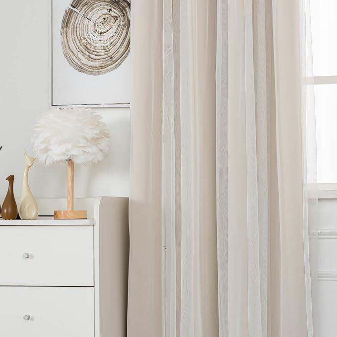 INLINAS Beige Blackout Curtains with Sheer Overlay - Grommet Top Thermal and Noise Reduction Panels for Bedroom and Living Room Light Blocking and Energy Saving, 37 x 63 Inches, Set of 2