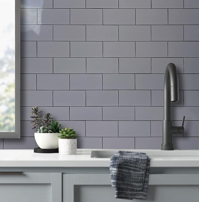 AULIGET 100-Piece Polished Grey Thick PVC Peel and Stick Backsplash, 3" x 6" Waterproof Subway Tile Peel and Stick Wall Tiles for Kitchen & Bathroom