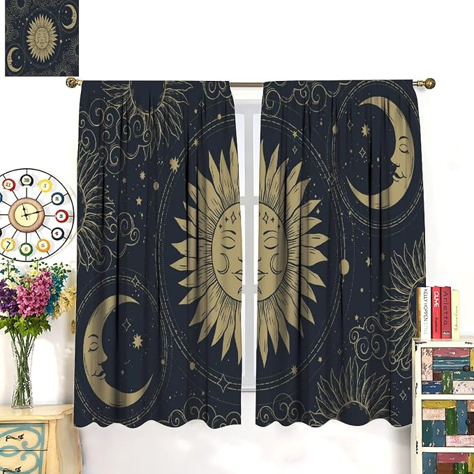 Bohemian Sun Moon Blackout Curtains, Golden Sun Moon Stars Vintage Galaxy Printed Window Drapes, for Bedroom Living Room 42" W X 63" L