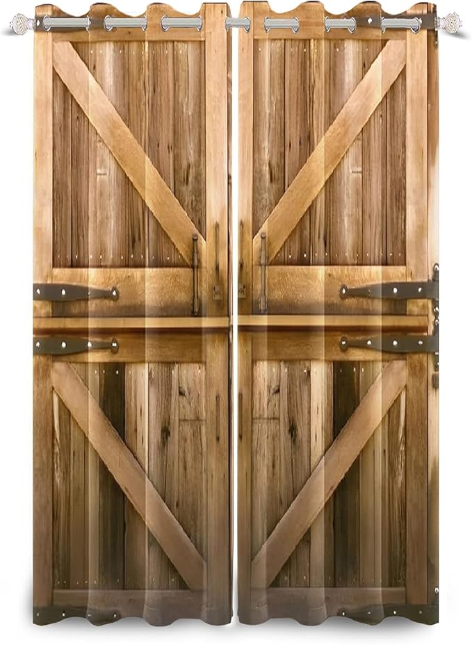 Vintage Wooden Door Window Curtains Rustic Yellow Brown Barn Door Curtains Old Garage Door Rural Style Window Drapes American Native Country Farmhouse Window Treatment,26x63 inch,2 Panels