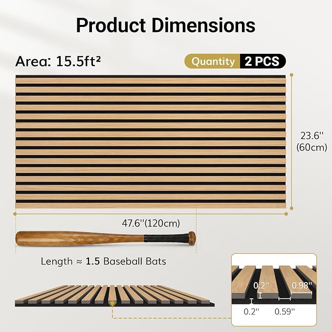 TONOR Wood Slatwall Panels, 2 Pack 47.2" x 23.6"/ 120 x60cm(15.5ft²) Acoustic Wall Panels, Wood Slat Acoustic Panels for Noise Cancelling and Wall Décor Living Room, Bedroom, Home Decor, Office, Teak