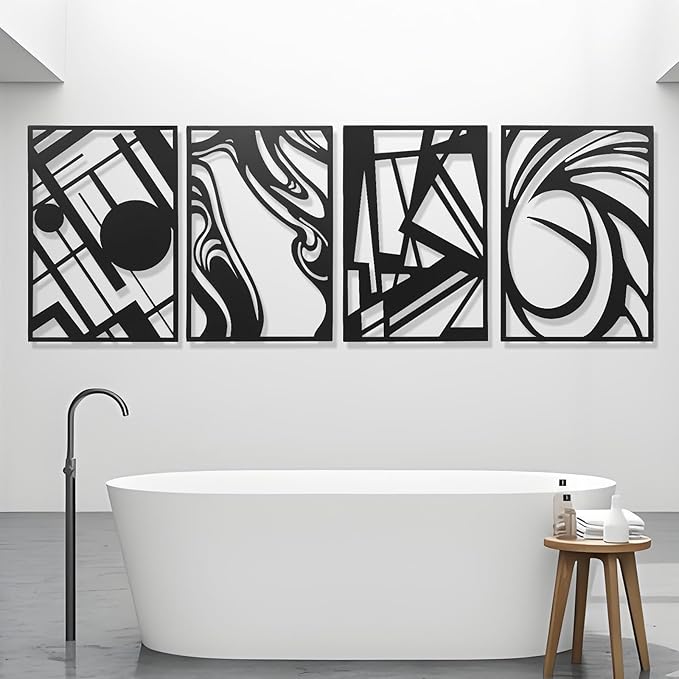AMAATE Black Metal Wall Art, 4 Pieces Abstract Modern Line Art Sculpture, Hollowed Out Geometric & Fluid Metal Wall Hanging Decor for Living Room Bedroom Office 11" X 14.6" in
