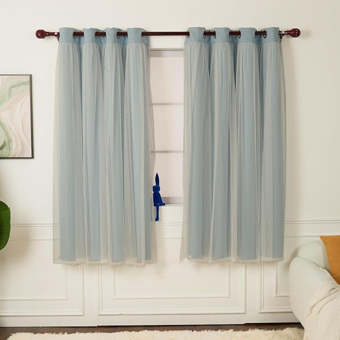 INLINAS Sky Blue Blackout Curtains with Sheer Overlay - Grommets Thermal and Noise Reduction Panels for Bedroom and Living Room Light Blocking and Energy Saving, 52 x 63 Inch, Set of 2