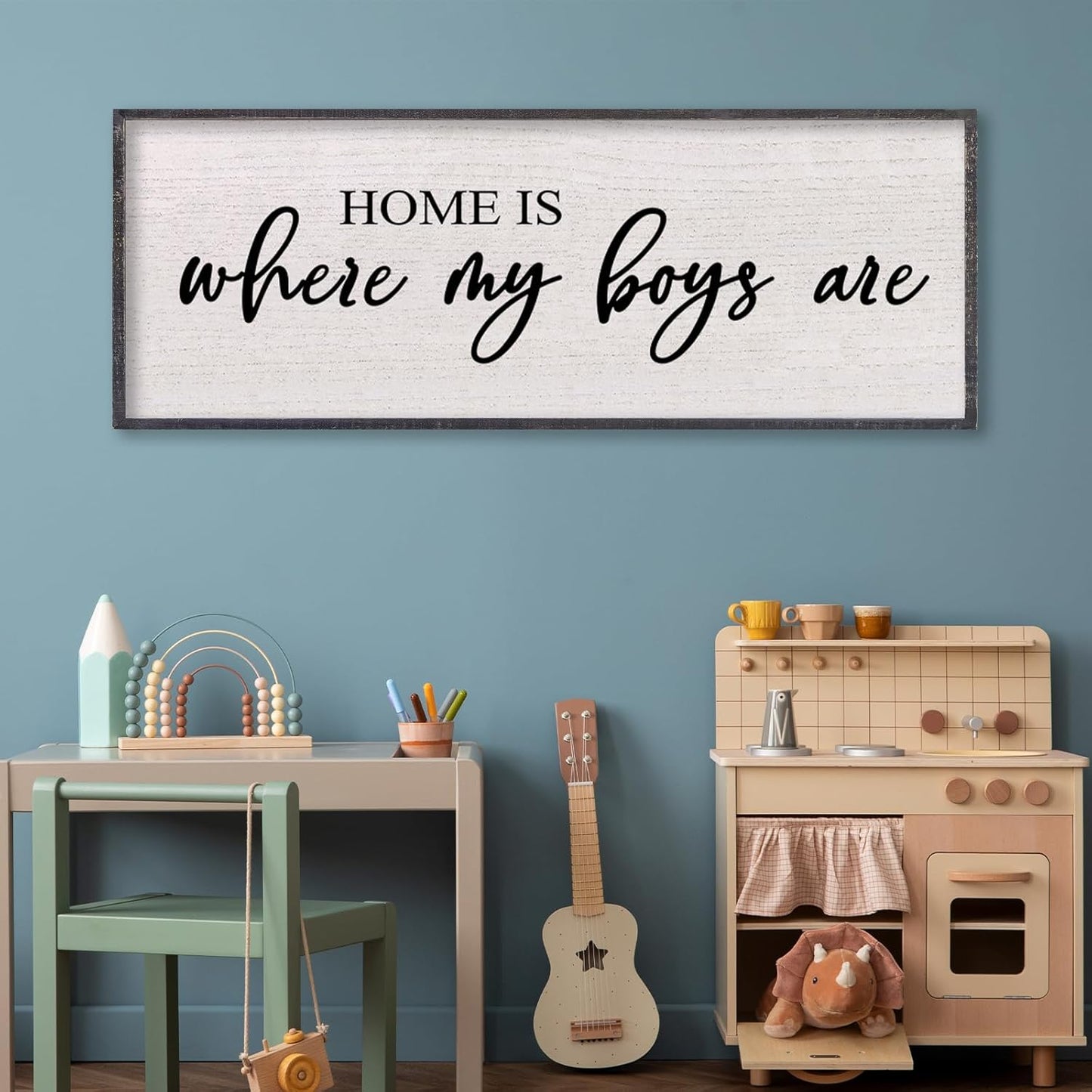 Home Is Where My Boys Are Wall Decor 32"×12" mom and her boys Sign for boys room Playroom Large Wood Framed Wall Hanging Art (Black)