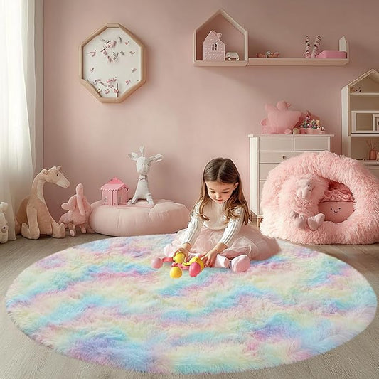 Round 4x4ft Fluffy Rainbow Rug: Ultra Soft Furry Girls Bedroom Carpet- Colorful Oval Plush Shag Nursery Rug for Girls Room & Kids Room, Cute Home Decor