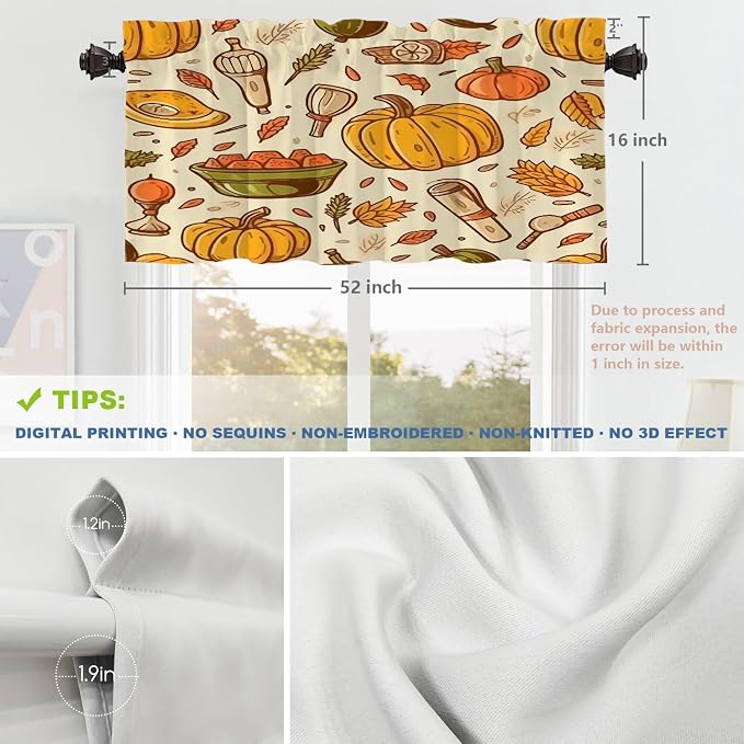 Shrahala Thanksgiving Seamless Pattern Blackout Short Curtains for Windows, Pumpkin Apple Pear Leaves Kitchen Valance Thermal Insulated Rod Pocket Window Treatment for Bathroom 2 Pack 52 X 16 in