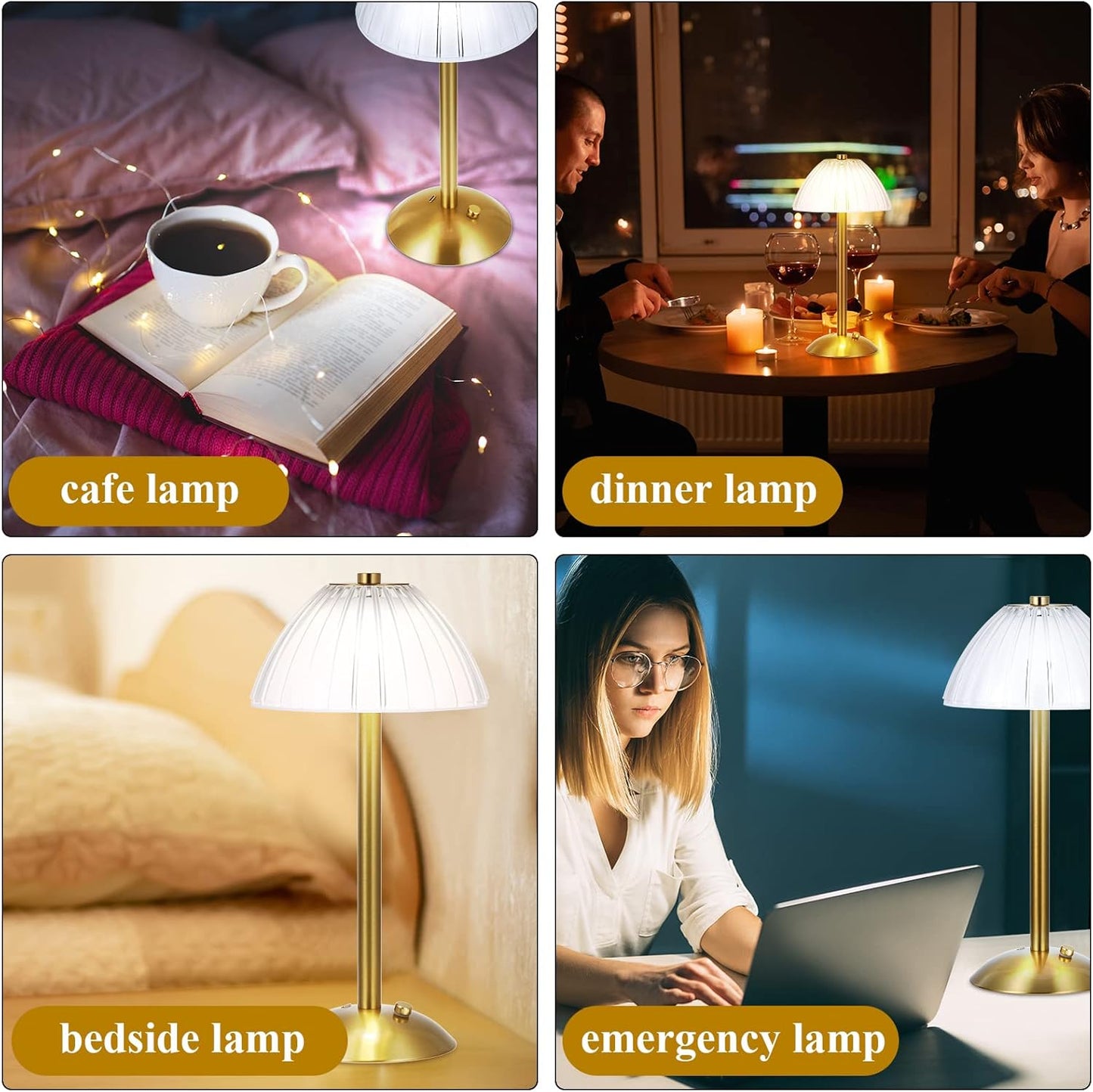Liliful 2 Pcs LED Portable Cordless Table Lamp Touch Battery Operated Rechargeable Desk Lamp 3 Color Dimmable for Bedroom Living Room Dining (Mushroom Style,Gold)