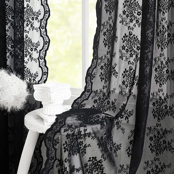 YJ YANJUN Vintage Lace Curtains 90 Inches Long- Victorian Floral Pattern Black Sheer Curtain Panels for Living Room Bedroom,Light Filtering, Gothic Witchy Halloween Drapes 2 Panels 52W x 90L