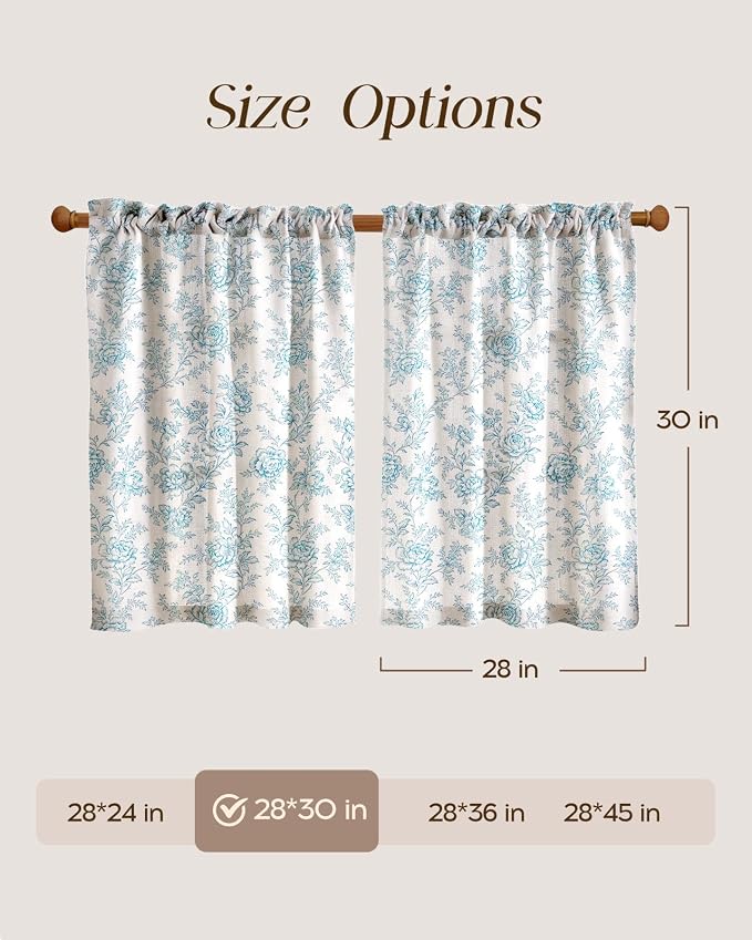 Miss Adola Farmhouse Kitchen Tier Curtains - 30 Inch Length Linen Blend Cafe Curtains Blue Floral Small Window Treatments Over Sink Rod Pocket for Bathroom Living Room Light Filtering, 2 Panels