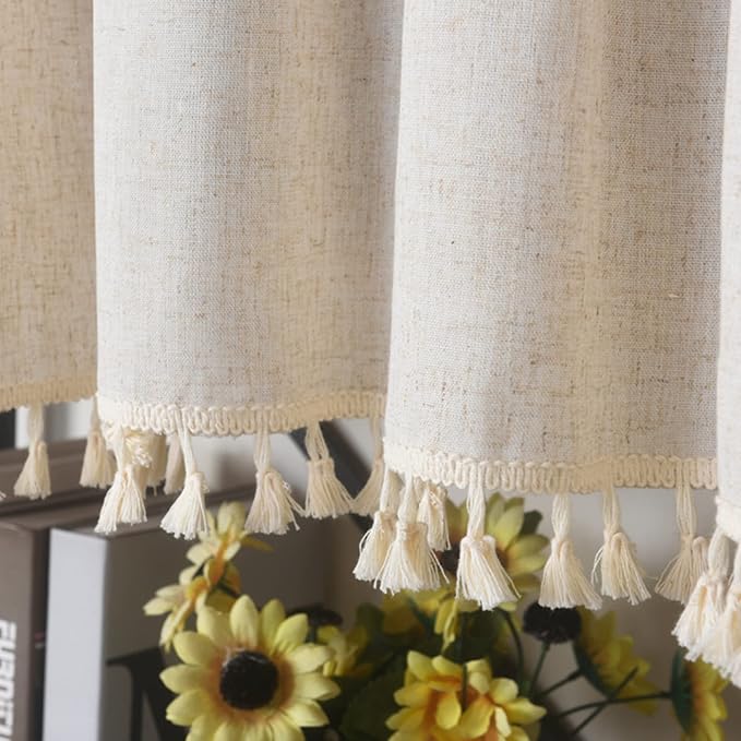 Sutuo Home Boho Sheer Curtain Valance Cotton Linen with Bohemian Handmade Tassels, Short French Farmhouse Window Treatment for Kitchen Cafe, Rod Pocket, 1 Panel 59" W x 18" L, Natural