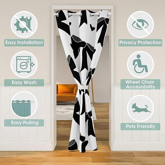 Feelyou Black Bowknot Closet Door Cover Curtain for Bedroom Living Room,Black Bow Love Hearts Princess Door Curtain for Doorway Privacy 1 Panel, 59"x80" Bedroom Decor,Watercolor Room Blackout Curtain