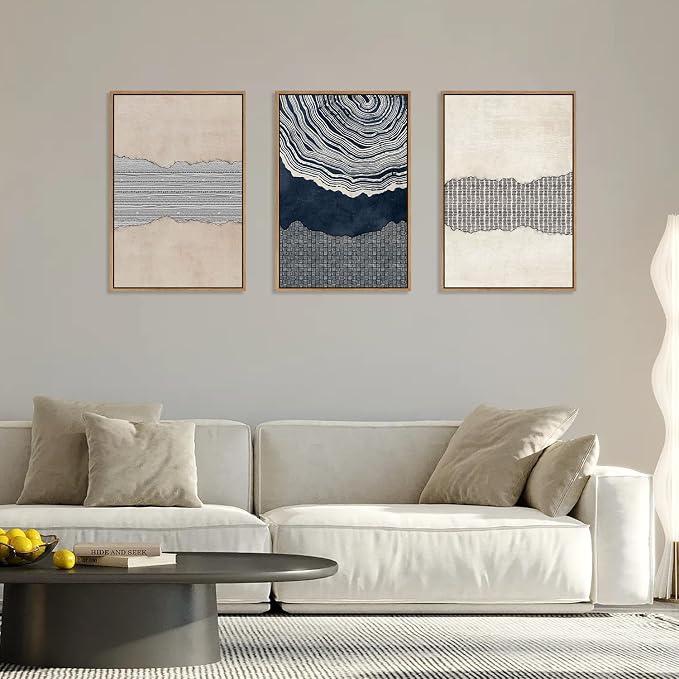 LHIUEM Large Abstract Navy Blue Beige Framed Canvas Wall Art,Modern Tree Rings Shapes Wall Decor,Neutral Retro Wooden Artwork for Living Room,Bedroom,Dining Room,Office -16"x24"x3