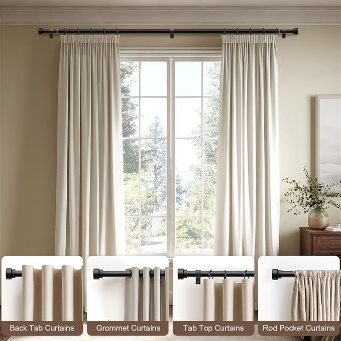 Lootkell Modern Matte Black Curtain Rods for Windows 72 to 144 Adjustable Length Heavy Duty 1" Diameter Window Curtain Rod with Solid Metal Finials for Outdoor Farmhouse Bedroom Kitchen Living Room