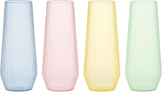 48 Pack Ribbed Ripple Stemless Toasting Glasses, Origami Durable 9 Oz BPA-Free Disposable Plastic Champagne Flutes for Weddings, Bars, Events, and Celebrations (48, Ribbed Color Collection)