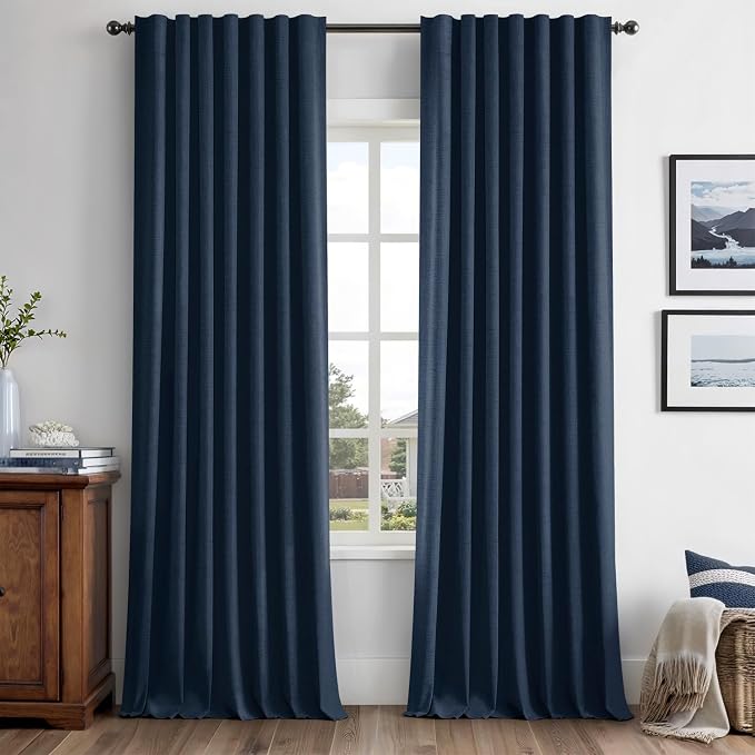 MIULEE 100% Blackout Linen Curtains for Bedroom, Midnight Blue Solid Luxury Decor Thermal Insulation Room Darkening Drapes for Living Room Back Tab Rod Pocket 42 x 96 Inches, 2 Panels