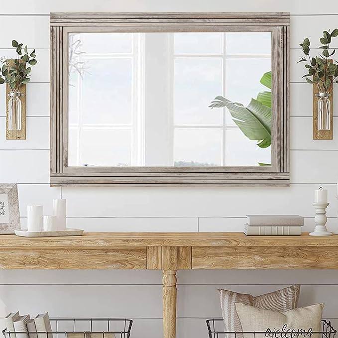 YOSHOOT Hand-Made Wooden Spliced Wall Mirror for Bathroom, Rustic Farmhouse Vanity Mirror, Décor Wall Art, Solid Wood Frame, Vertical or Horizontal Hanging, 53" x 28", Grey