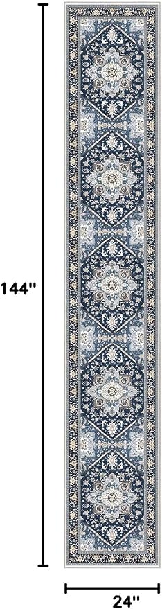OPPODREAM Soft Entryway Rug 2x12, 2x12 Rug Runner, Washable Hallways Carpet 2 x 12 with Non Slip Backing, Low-Pile Bedside Carpet 2 x 12, Long, Faux Cashmere, Navy Blue & Gold