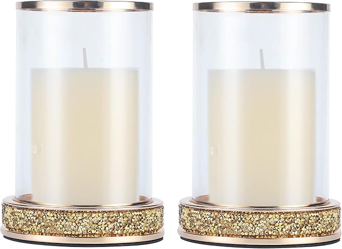 Pillar Candle Holders Set of 2,Hurricane Candle Holders,Candlesticks Holder With Glass Hurricane Lid,Metal Candle Holder For Coffee Dining Table, Wedding, Christmas, Home Decoration,Gold Candle Holder