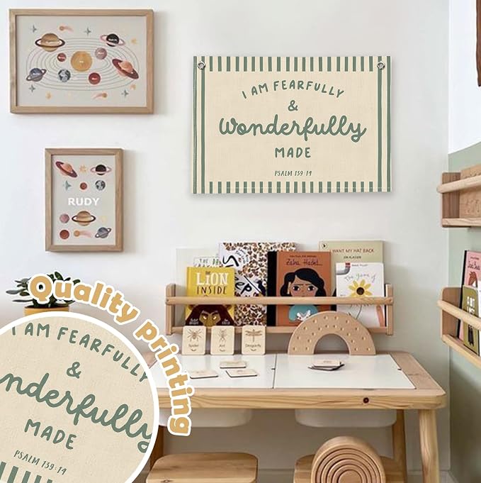 RTXLEZM Kids Room Decor, I Am Fearfully and Wonderfully Made | Christian Nursery Decor,Christian Canvas Banner Wall Hanging,Religious Wall Art for Kids Classroom Bedroom Playroom, 20x30