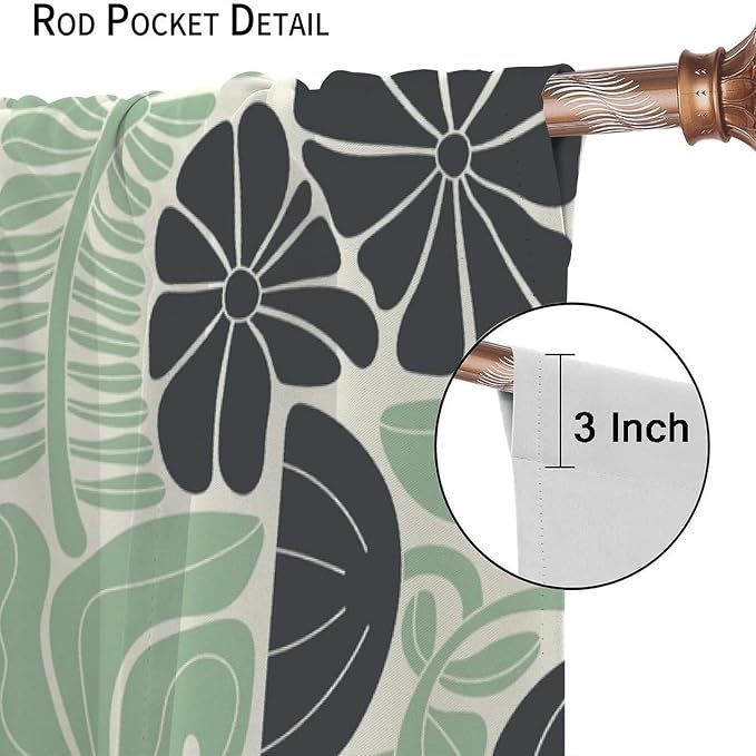 JESTRONRY Mid Century Boho Curtains, Modern Abstract Abstract Geometric Green Floral Pattern Print Blackout Window Door Curtains for Bedroom Living Room Home Decor 55x63in
