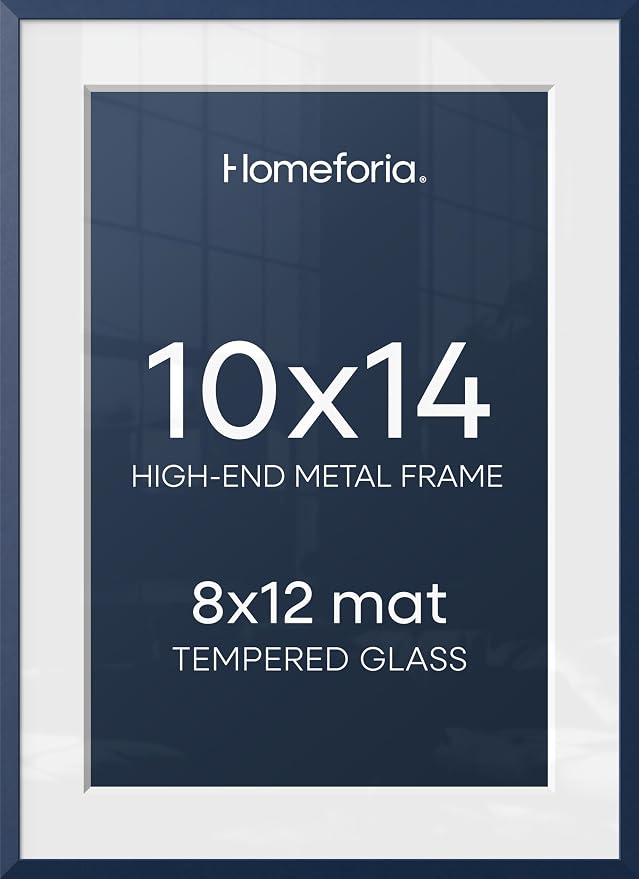 Homeforia 10x14 Picture Frame Navy Blue, High End Metal 10x14 Wall Hanging Frame with Mat 8x12, 10 x 14 Poster Frame Matted to 8 x 12 inch Photo, 10by14 Thin Frames, Tempered Glass, Wall Kit, Set of 2