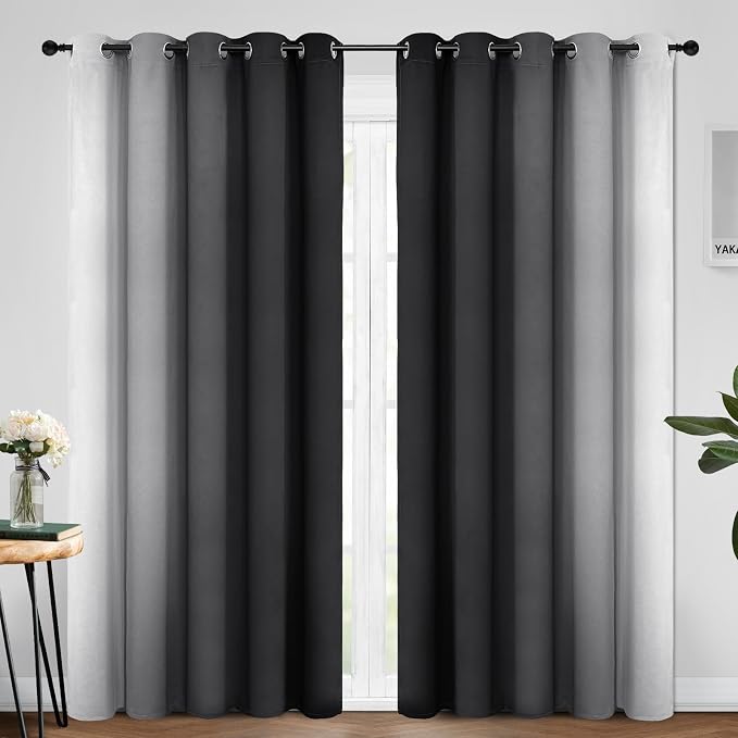 Yakamok Ombre Curtains Black and Greyish White for Living Room,70Wx84L | Room Darkening Curtains 84,Thermal Insulated Gradient Color Drape,Light Blocking Grommet Window Curtains for Bedroom,2 Panels