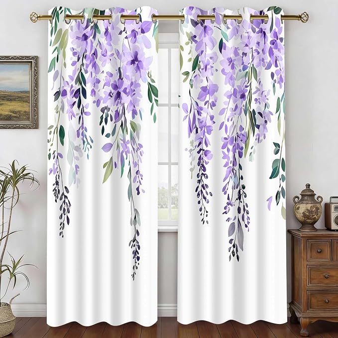 Purple Watercolor Floral Curtains, Botanical Leaves Vine Flowers Curtain, Rustic Farmhouse Flower Leaf Blackout Window Treatment Drapes for Bedroom Living Room 42x90 inch, 2 Panels