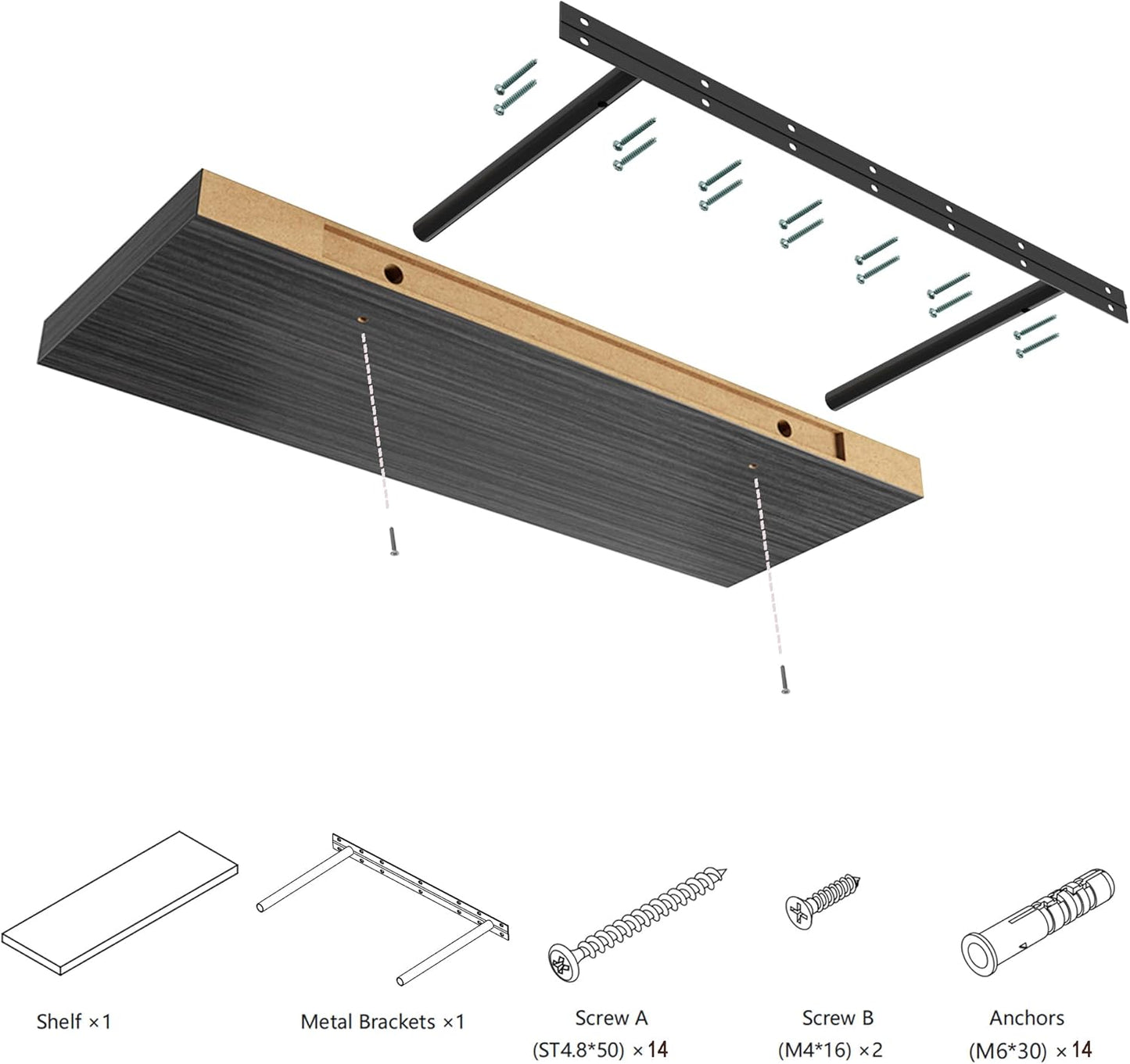 Large Floating Shelves for Wall Set of 3 Wooden Wall Shelves 24 in x 12.75 in x 2 in Room Decor Long Shelf with Invisible Wall Mount Bracket for Bedroom Kitchen Living Room Black Wood